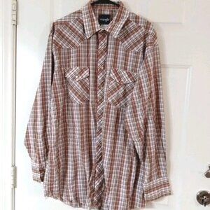Vtg Wrangler Men's XL Orange & White Plaid Western Shirt Pearl Snaps Long Sleeve